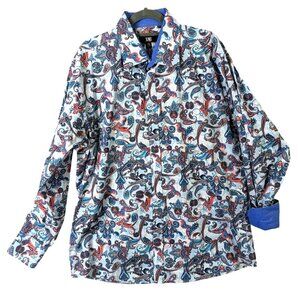 XMI Men size L Shirt Button Up Blue Paisley Retro Long Sleeve Business Classic